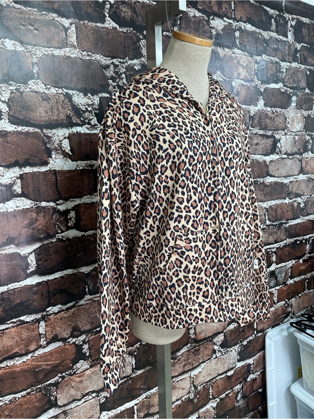 Akimbo Club Sweatshirt Leopard Print Zip-Up Hoodie - Tan Brown Black Medium - Picture 7 of 14